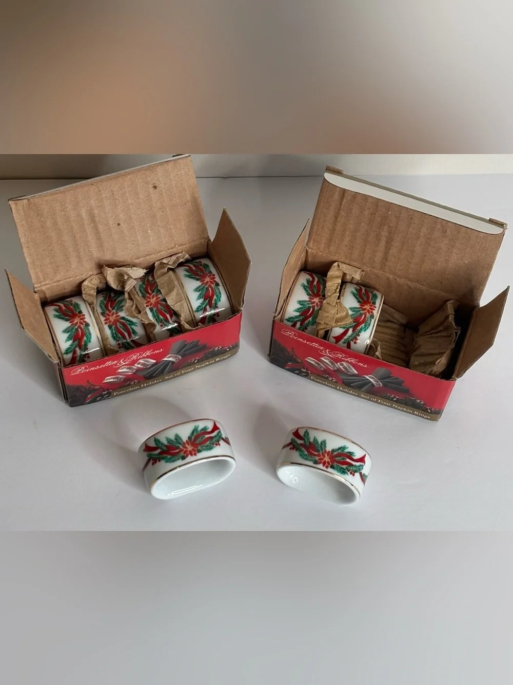 HOLIDAY POINSETTIAS IN RIBBON NAPKIN RINGS (VINTAGE SET OF 8)